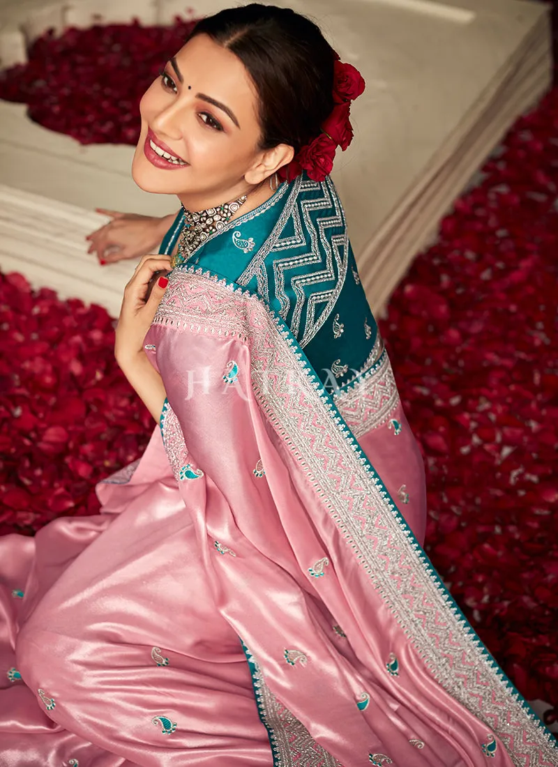 Pink And Blue Embroidered Organza Silk Saree