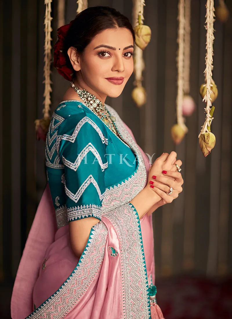Pink And Blue Embroidered Organza Silk Saree