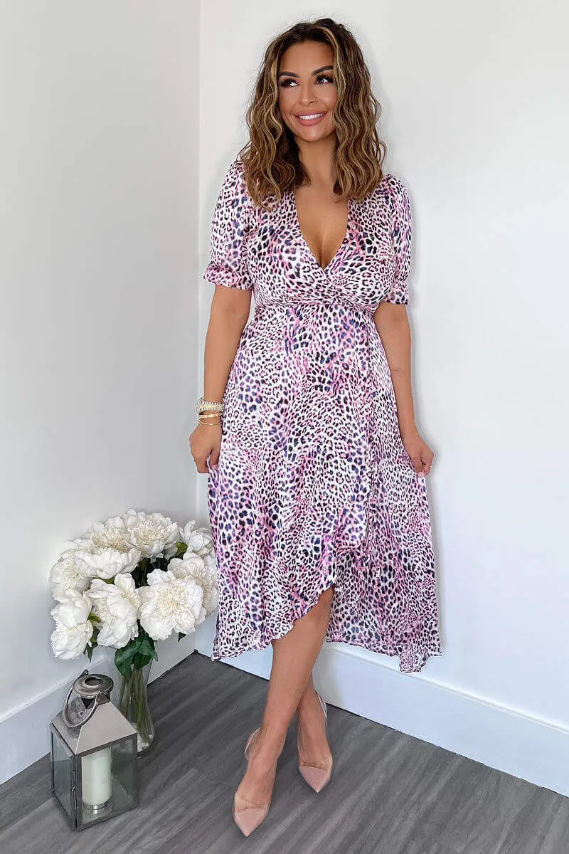 Pink Animal Print Wrap Side Tie Midi Dress