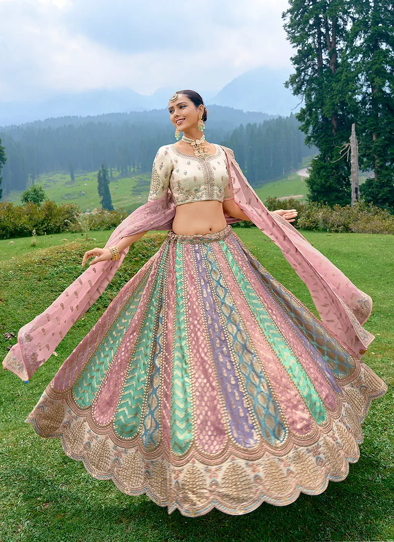 Pink Beige Multicolored Embroidery Wedding Lehenga Choli