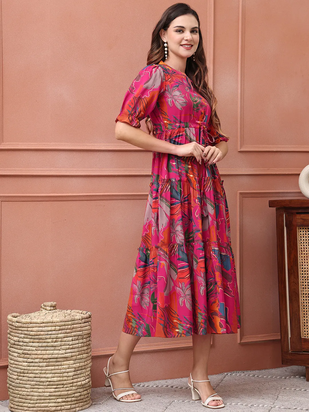 Pink Colour Floral Printed Premium Chanderi Ethnic Dress