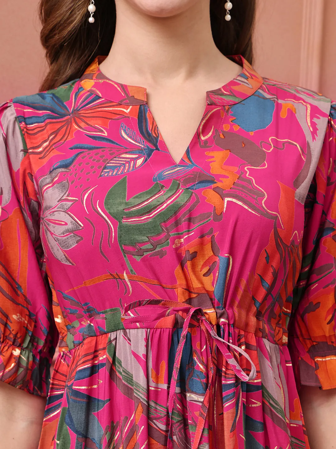 Pink Colour Floral Printed Premium Chanderi Ethnic Dress