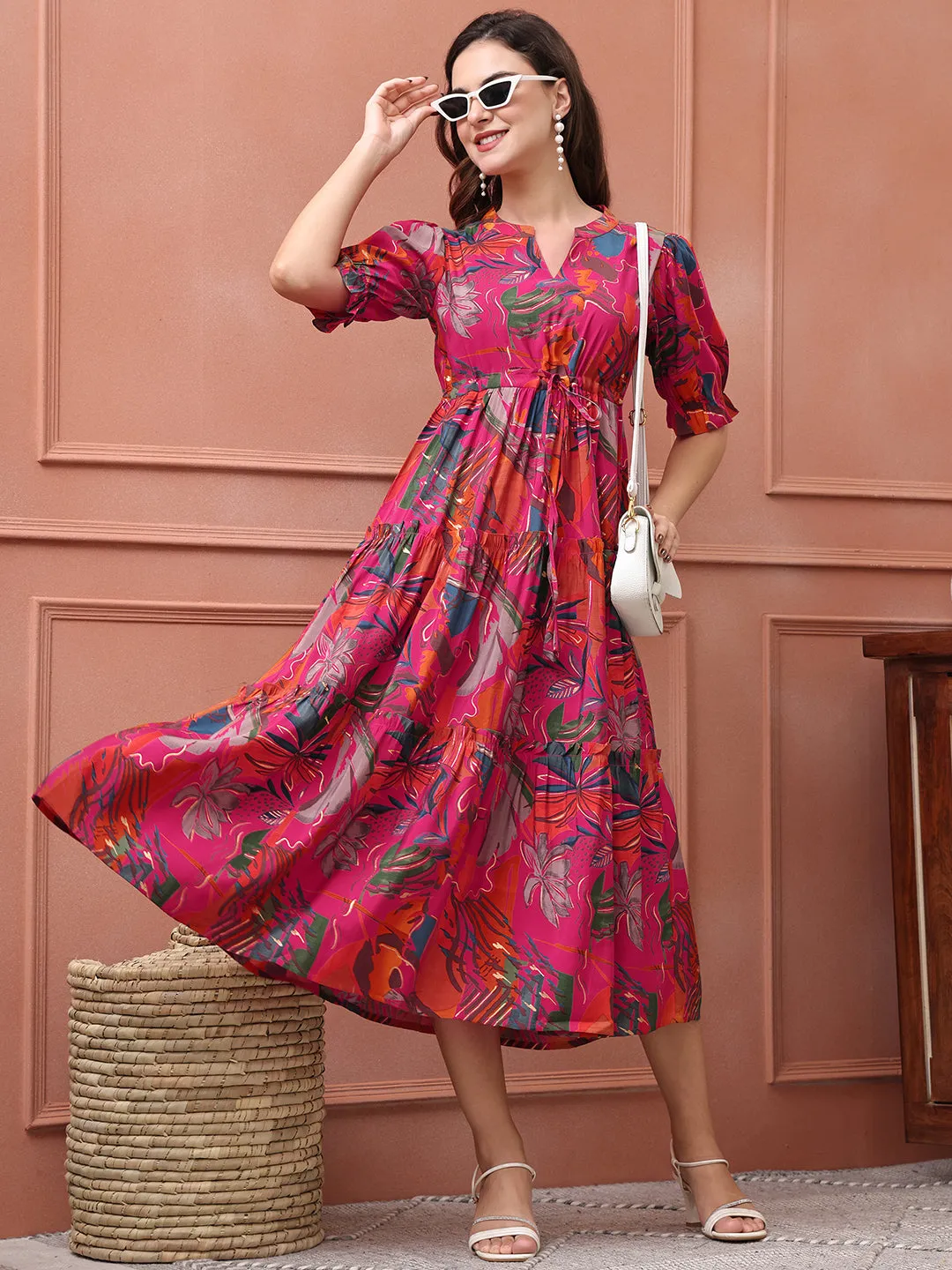 Pink Colour Floral Printed Premium Chanderi Ethnic Dress