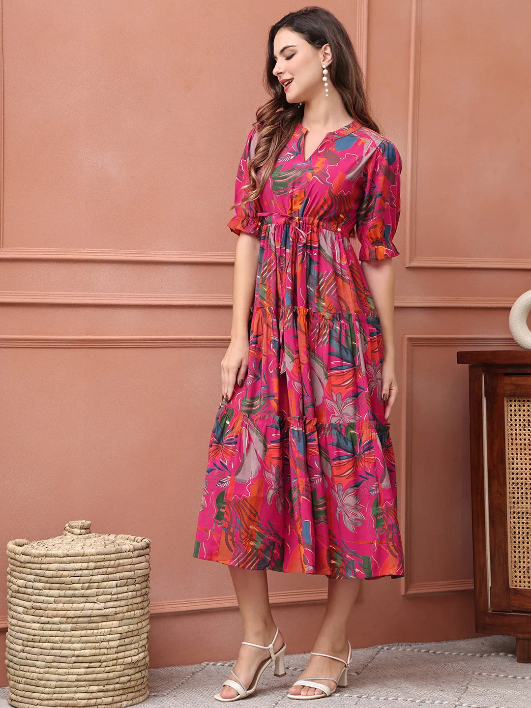 Pink Colour Floral Printed Premium Chanderi Ethnic Dress