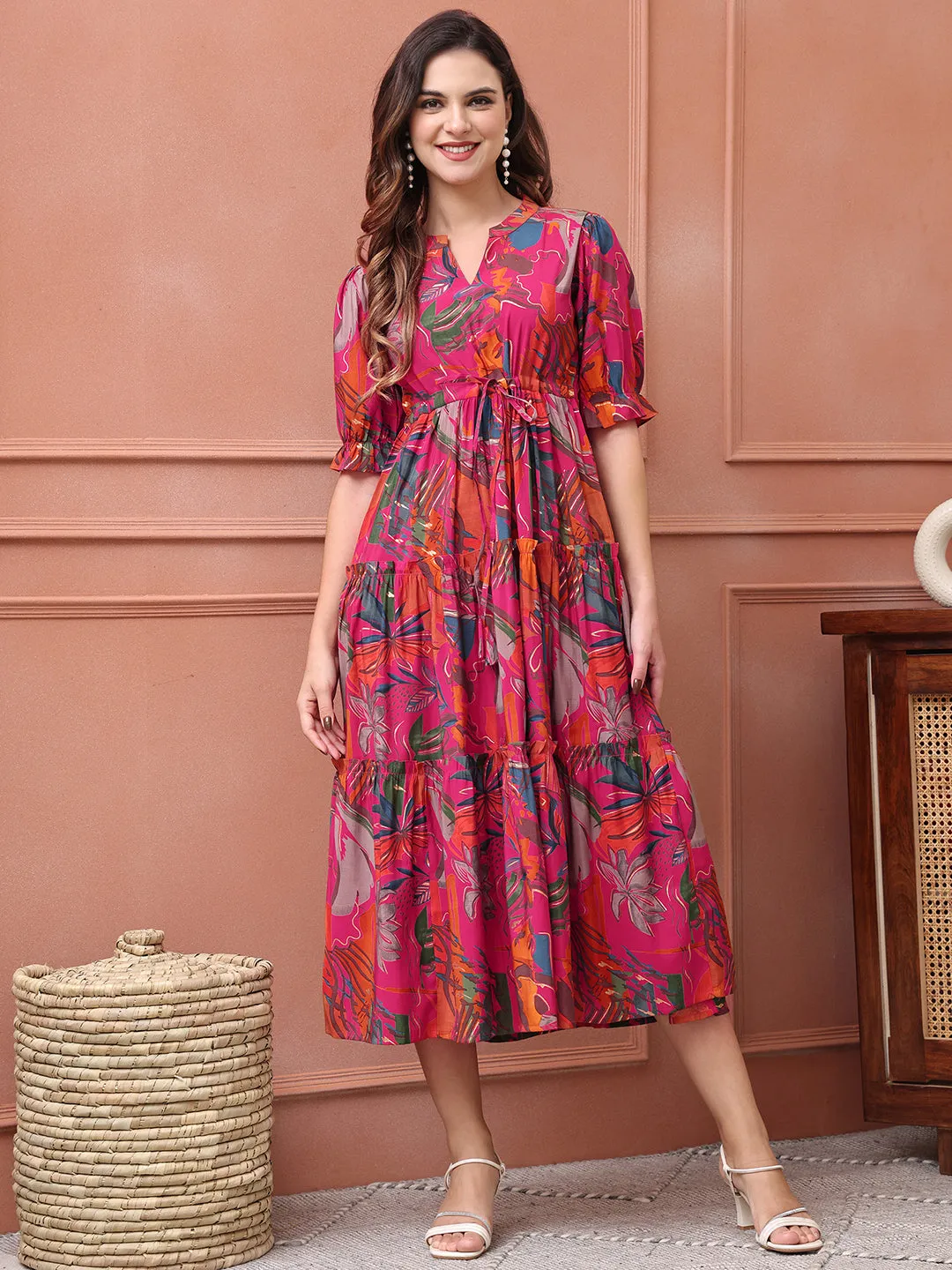 Pink Colour Floral Printed Premium Chanderi Ethnic Dress