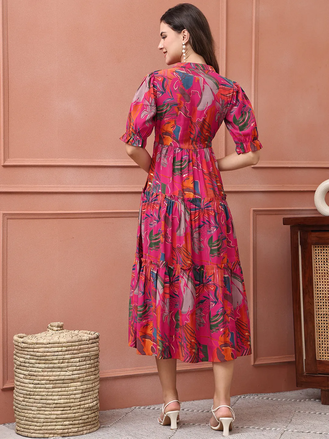 Pink Colour Floral Printed Premium Chanderi Ethnic Dress