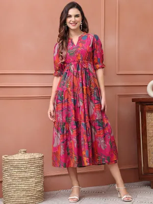 Pink Colour Floral Printed Premium Chanderi Ethnic Dress