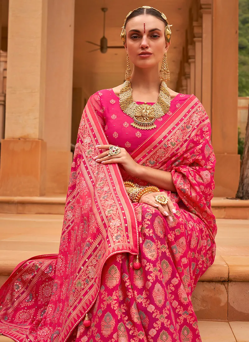 Pink Golden Crystal Stone Brasso Saree