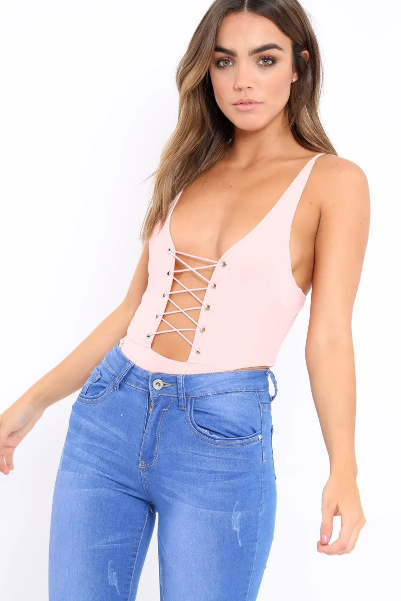 Pink Lace Up Front And Side Bodysuit - Lux