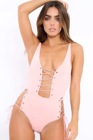 Pink Lace Up Front And Side Bodysuit - Lux