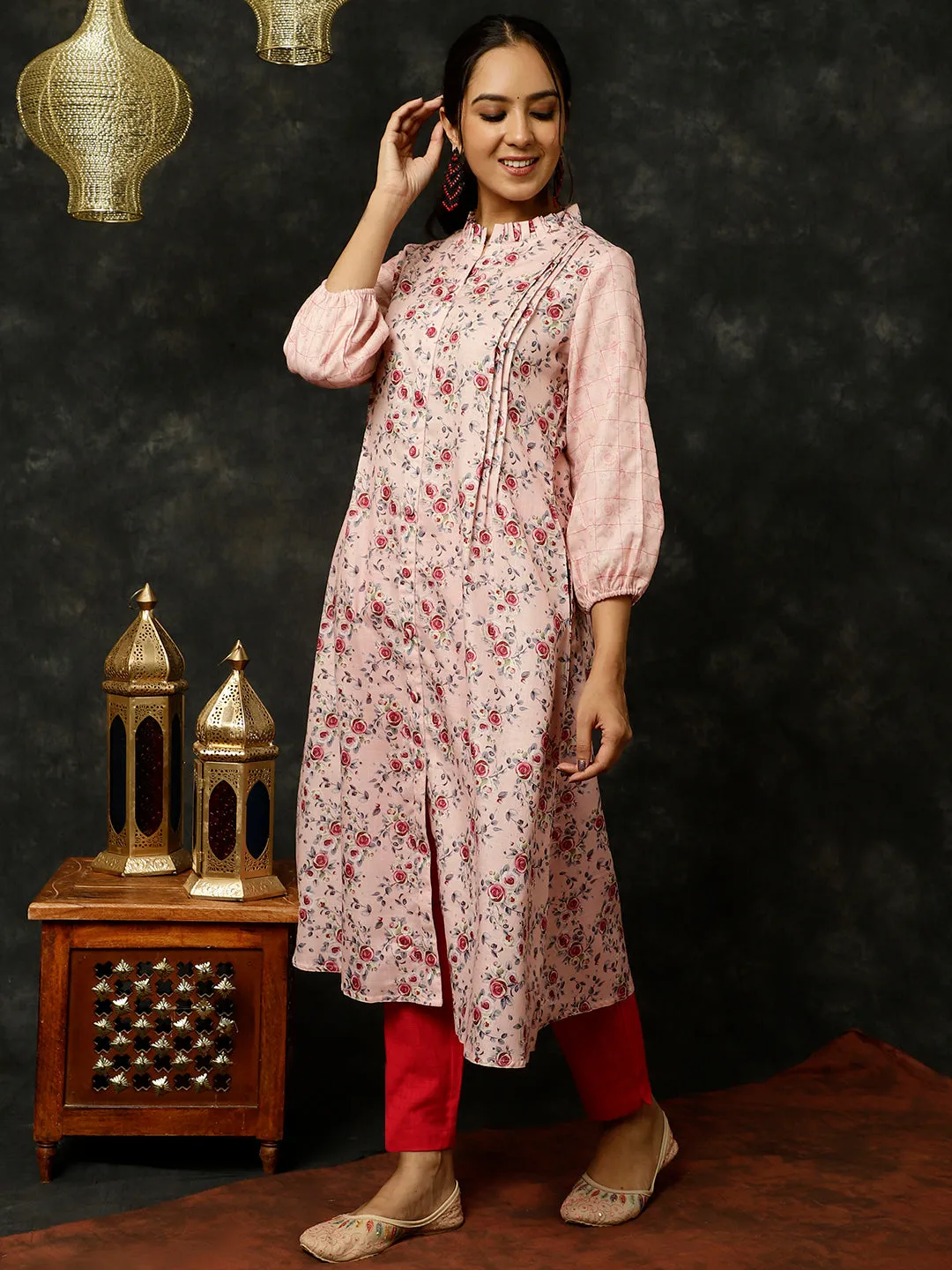 Pink Rose Printed A-line Kurta