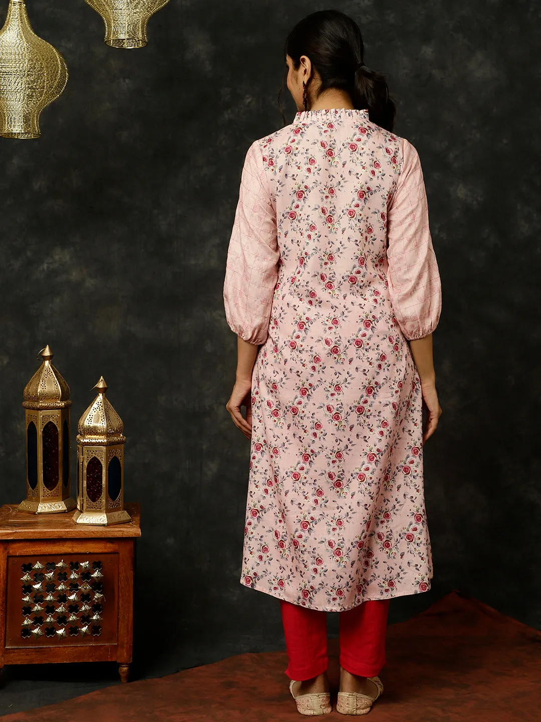 Pink Rose Printed A-line Kurta
