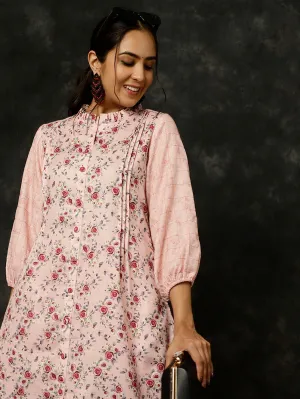 Pink Rose Printed A-line Kurta