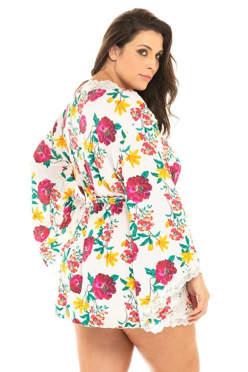 Plus Size Floral Lace Trimmed Robe