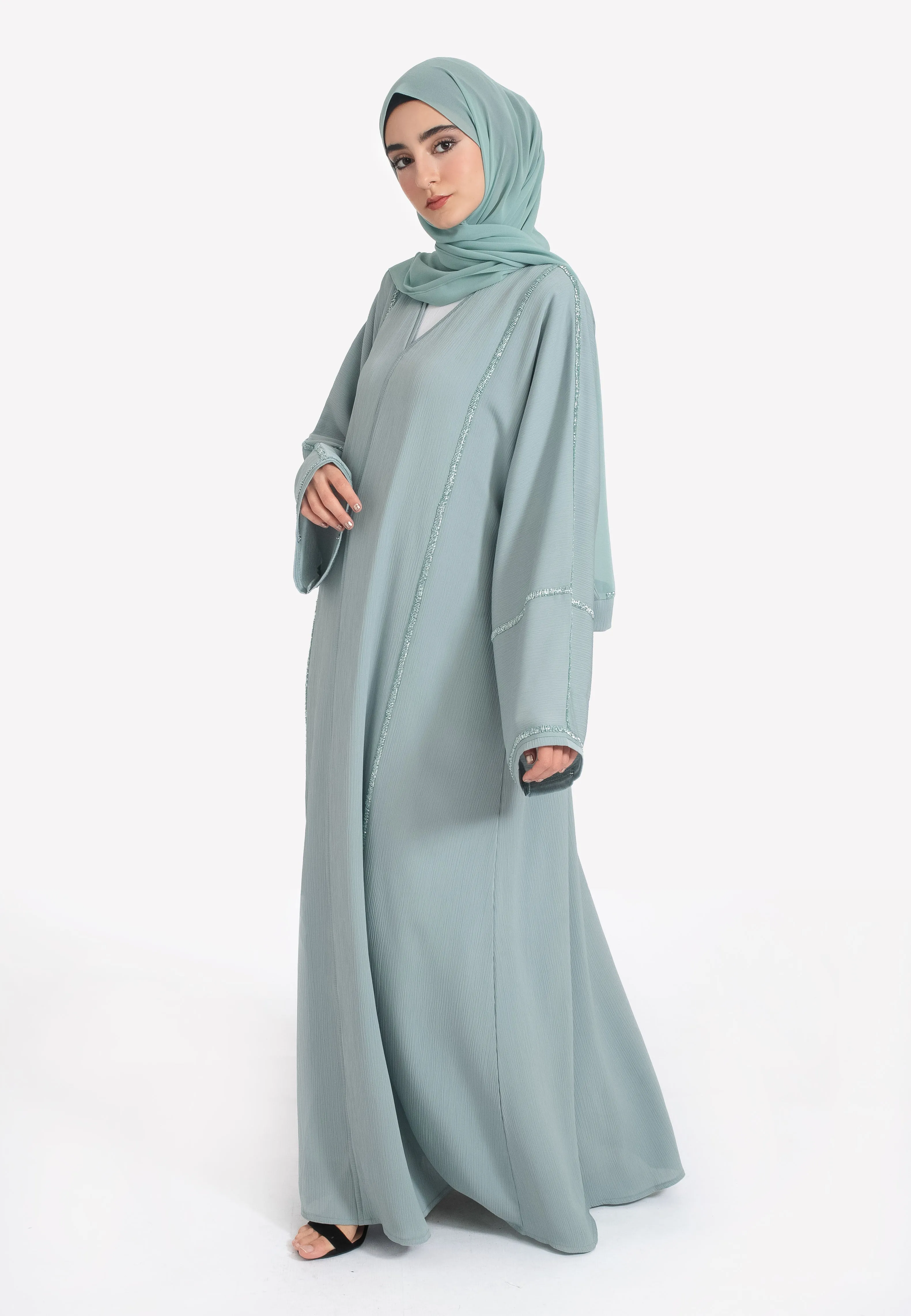 Powder Green Closed Embellished Abaya