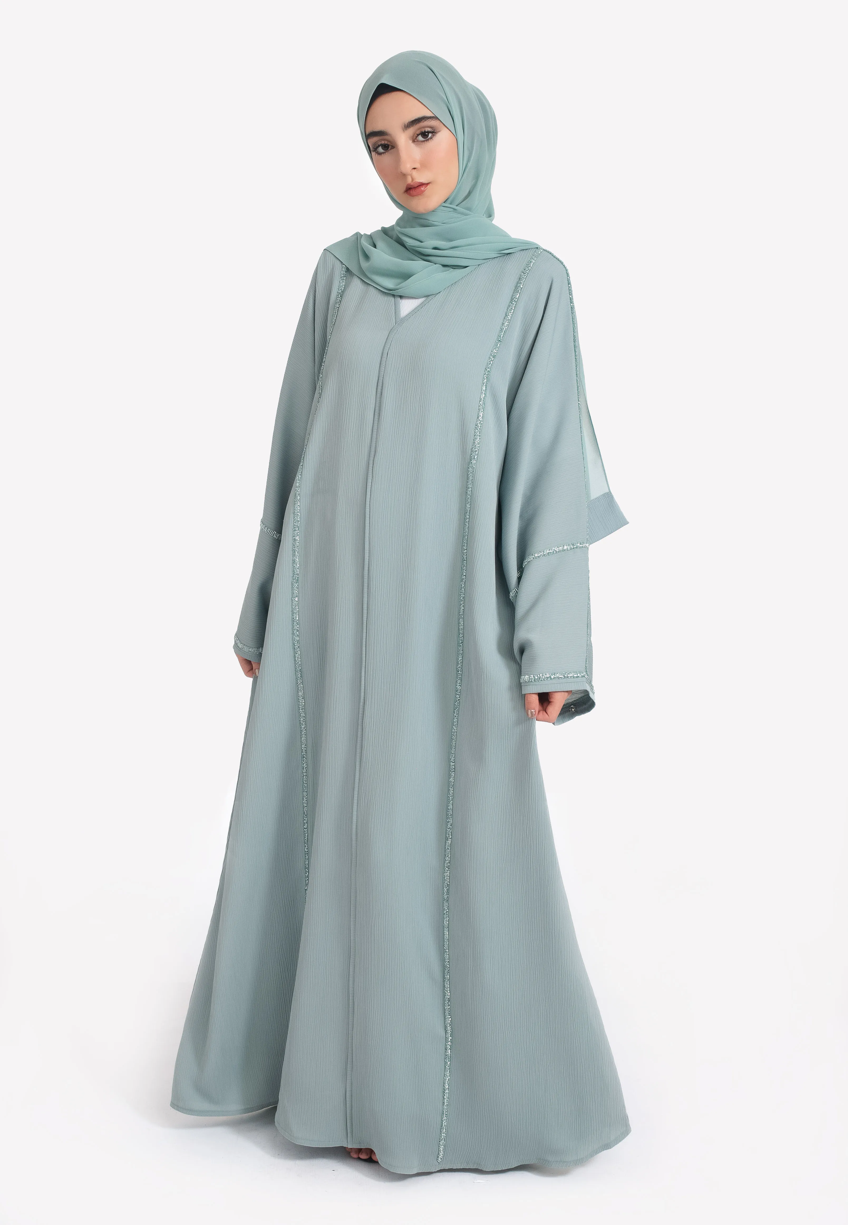 Powder Green Closed Embellished Abaya