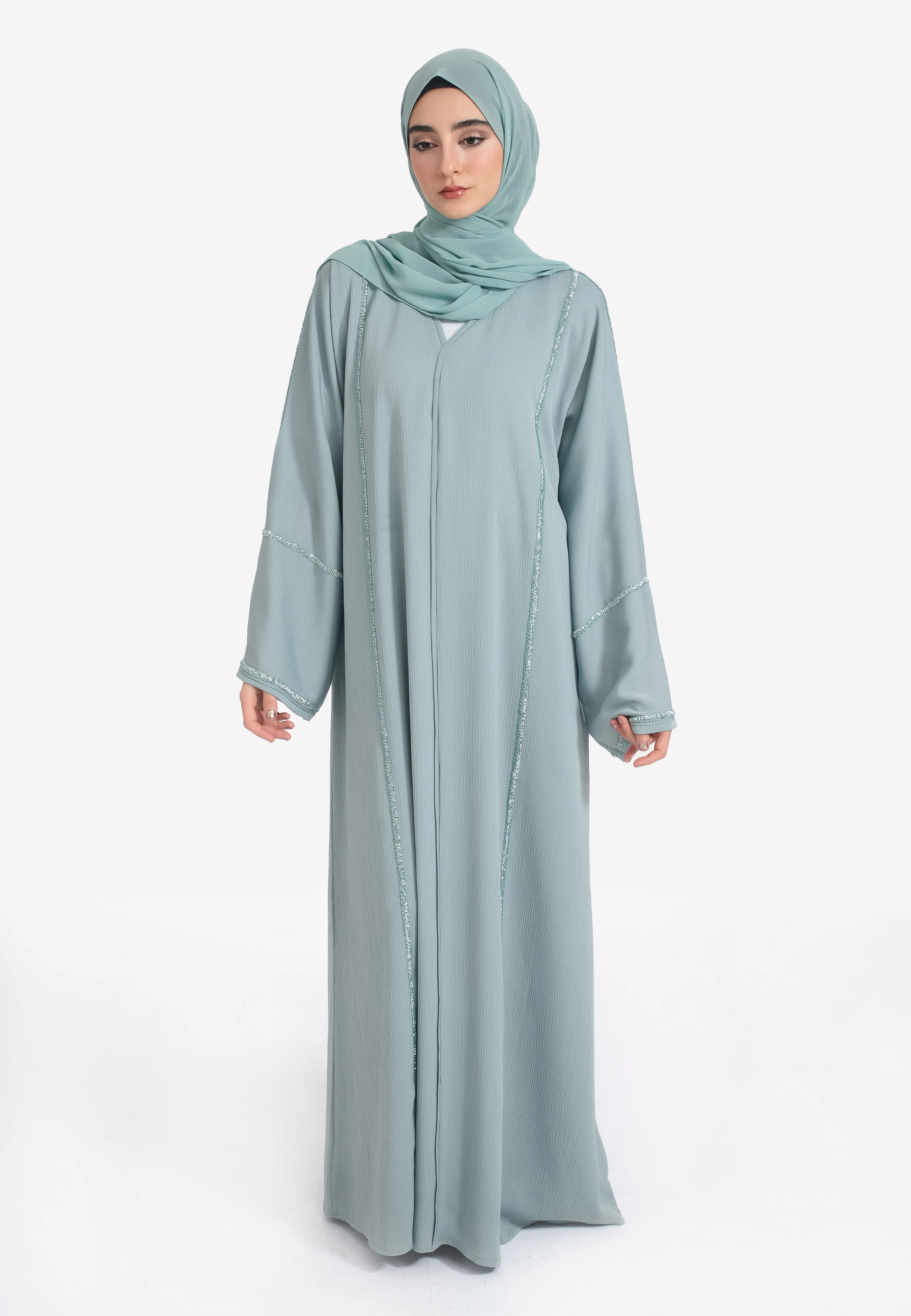 Powder Green Closed Embellished Abaya