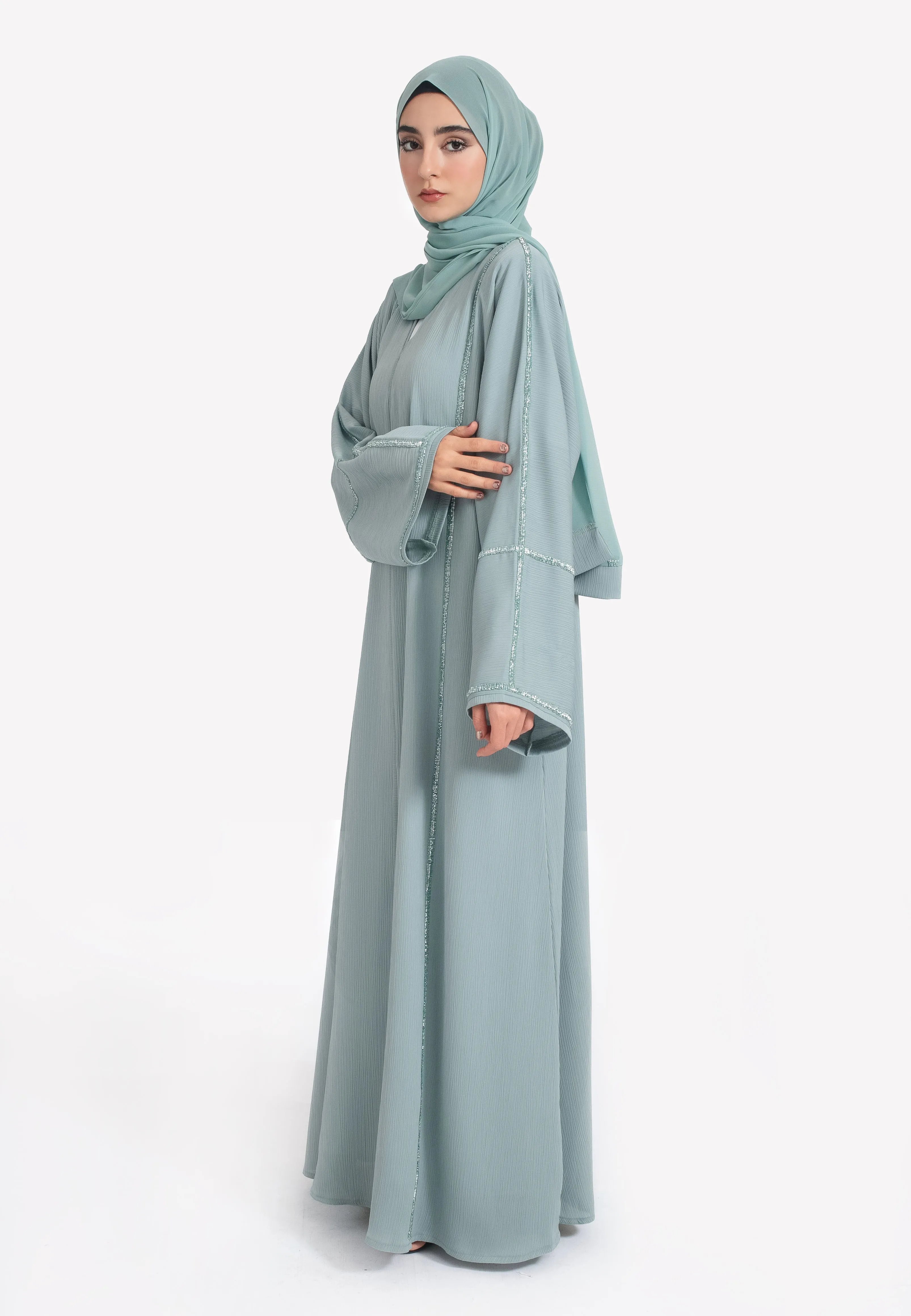 Powder Green Closed Embellished Abaya