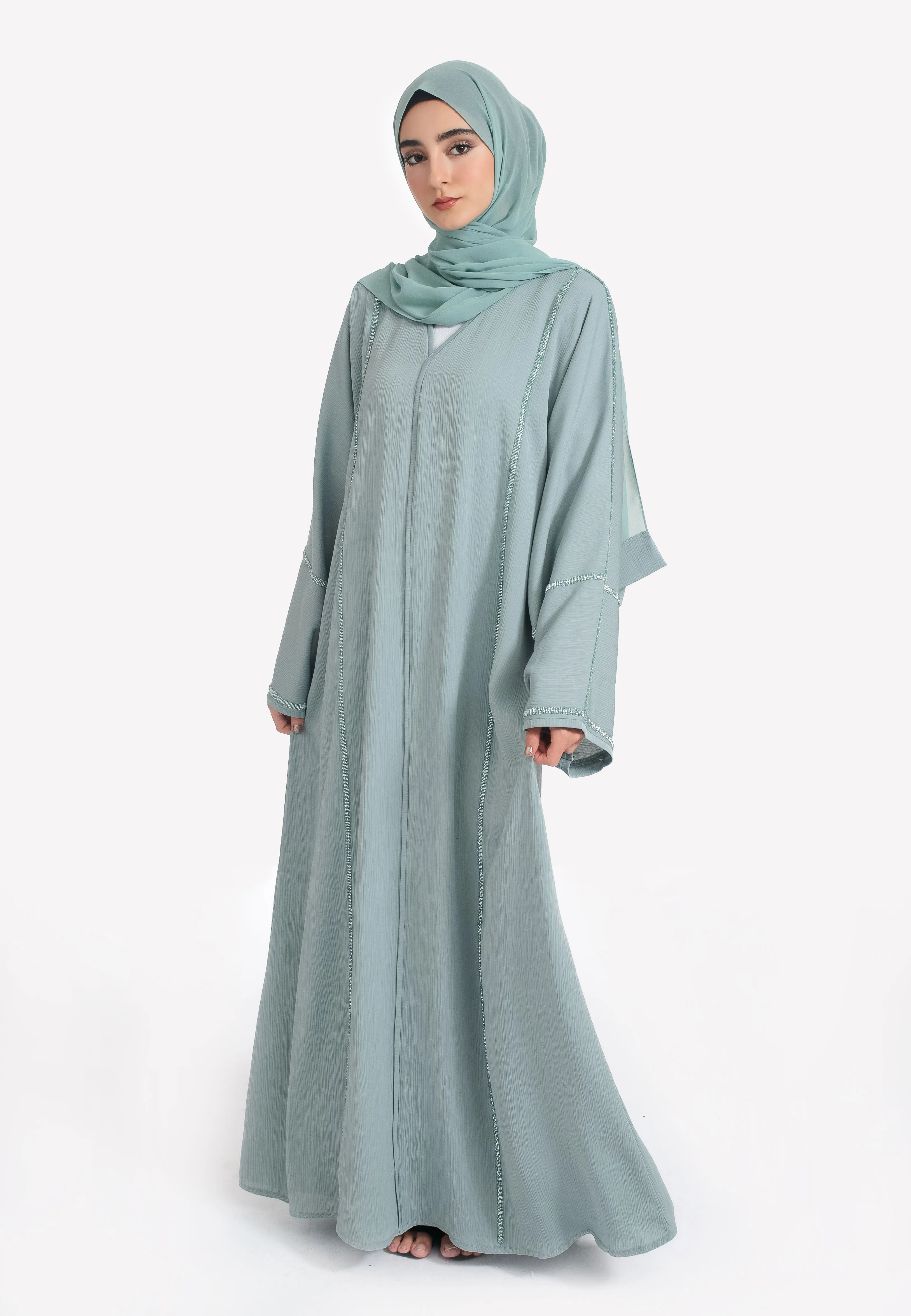Powder Green Closed Embellished Abaya