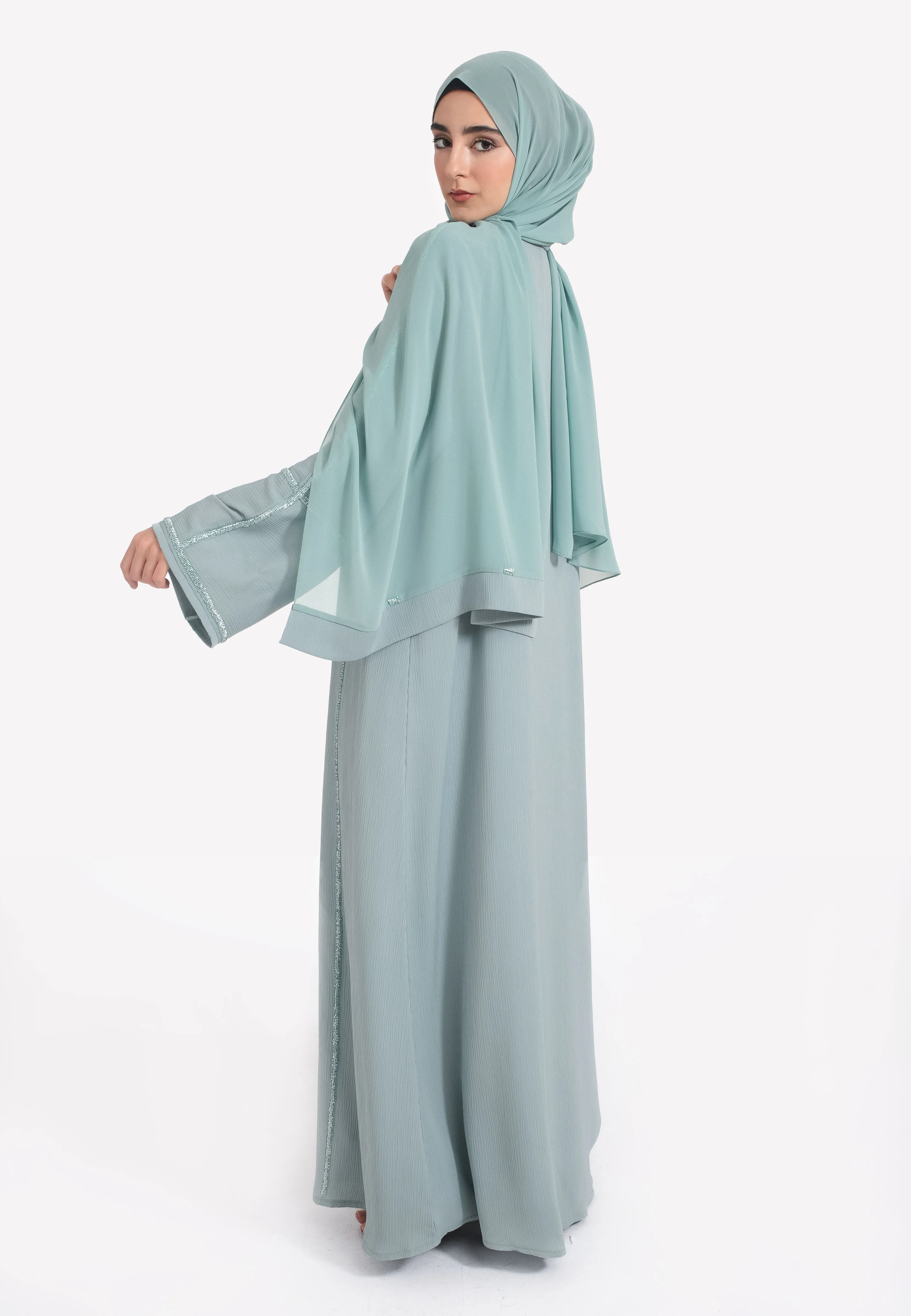 Powder Green Closed Embellished Abaya