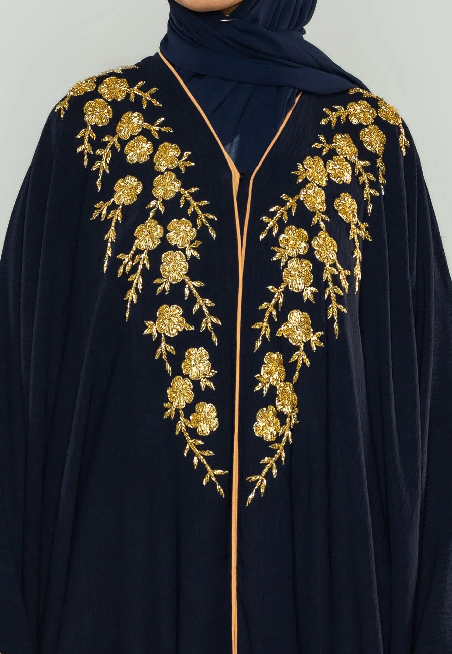 Premium Luxury Navy Embellished Open Farasha Abaya