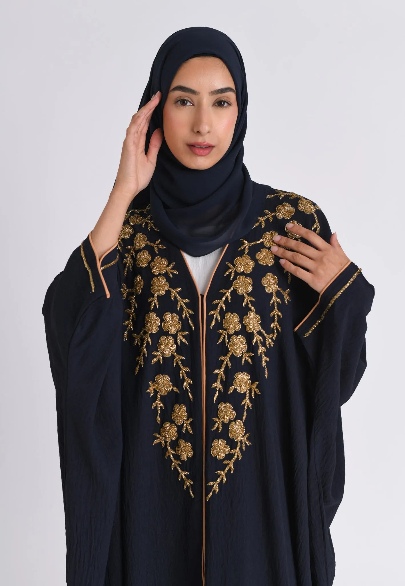 Premium Luxury Navy Embellished Open Farasha Abaya