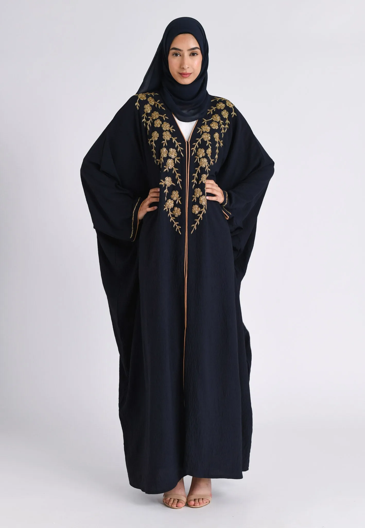 Premium Luxury Navy Embellished Open Farasha Abaya