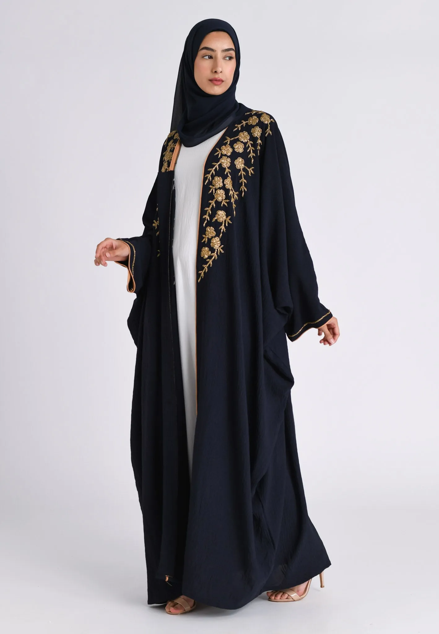 Premium Luxury Navy Embellished Open Farasha Abaya