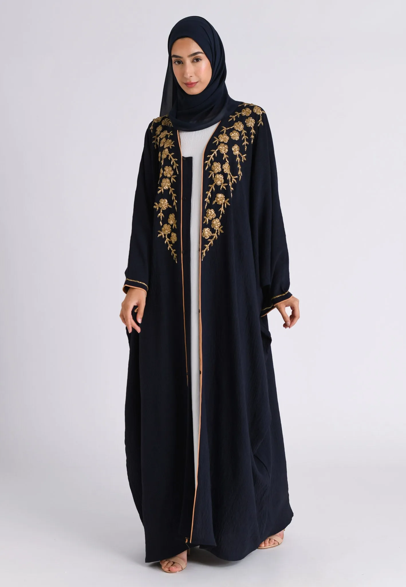 Premium Luxury Navy Embellished Open Farasha Abaya