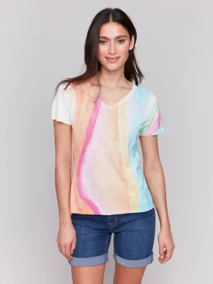 Printed Short Sleeve Linen Blend Sweater Rainbow