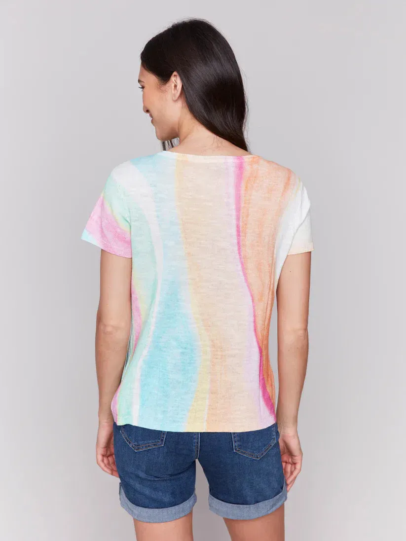 Printed Short Sleeve Linen Blend Sweater Rainbow