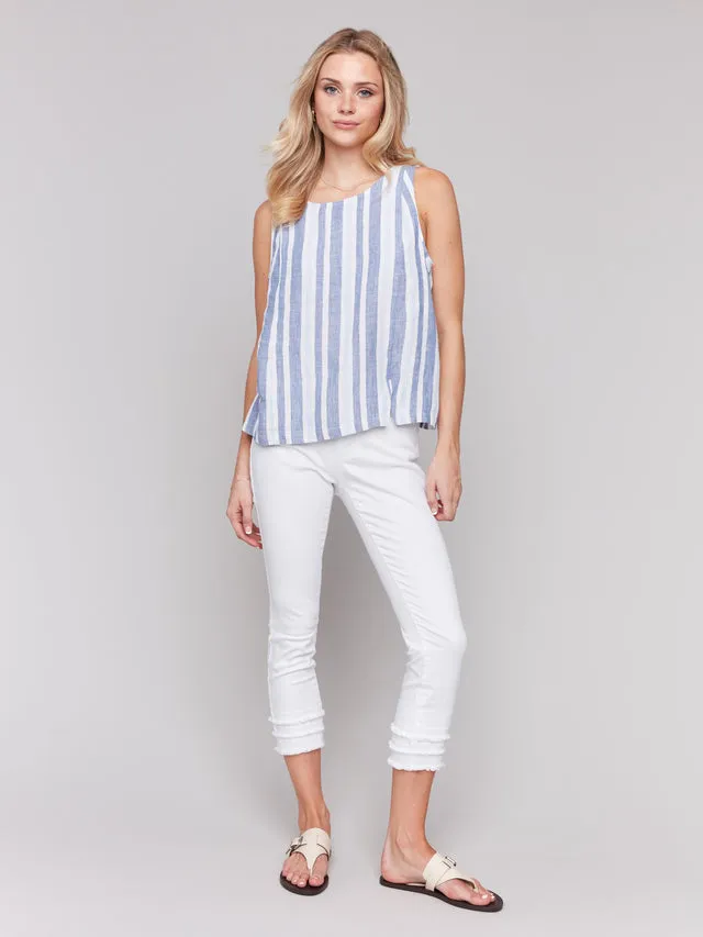 Printed Sleeveless Linen Blend Top with Slit - Stripes - C4543YR-229B
