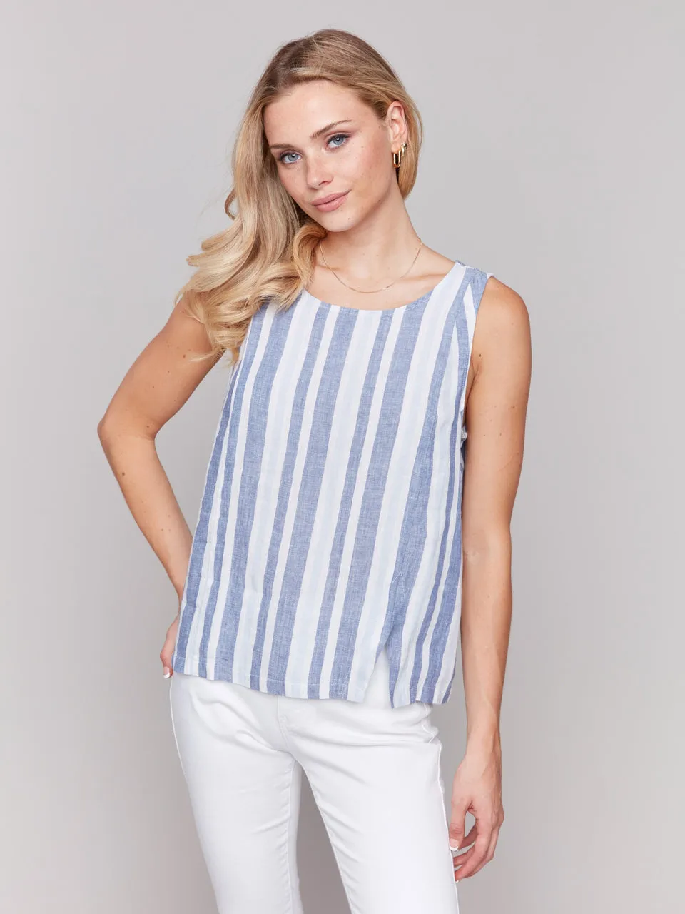 Printed Sleeveless Linen Blend Top with Slit - Stripes - C4543YR-229B