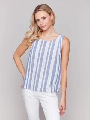 Printed Sleeveless Linen Blend Top with Slit - Stripes - C4543YR-229B