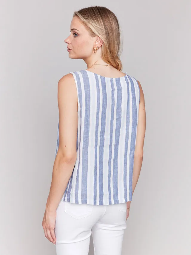 Printed Sleeveless Linen Blend Top with Slit - Stripes - C4543YR-229B