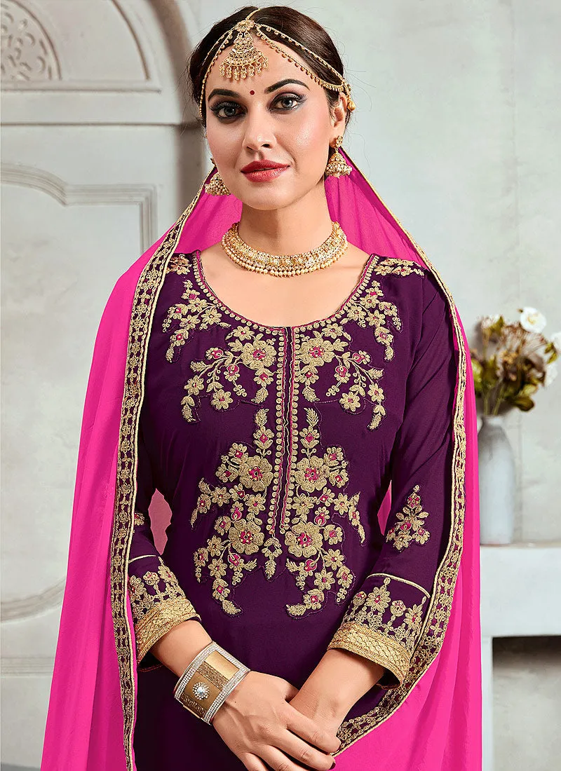 Purple And Pink Golden Embroidered Pakistani Palazzo Suit