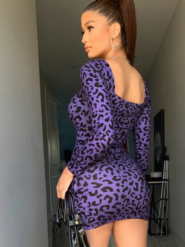 Purple Drawstring Cutout Leopard Bodycon Dress