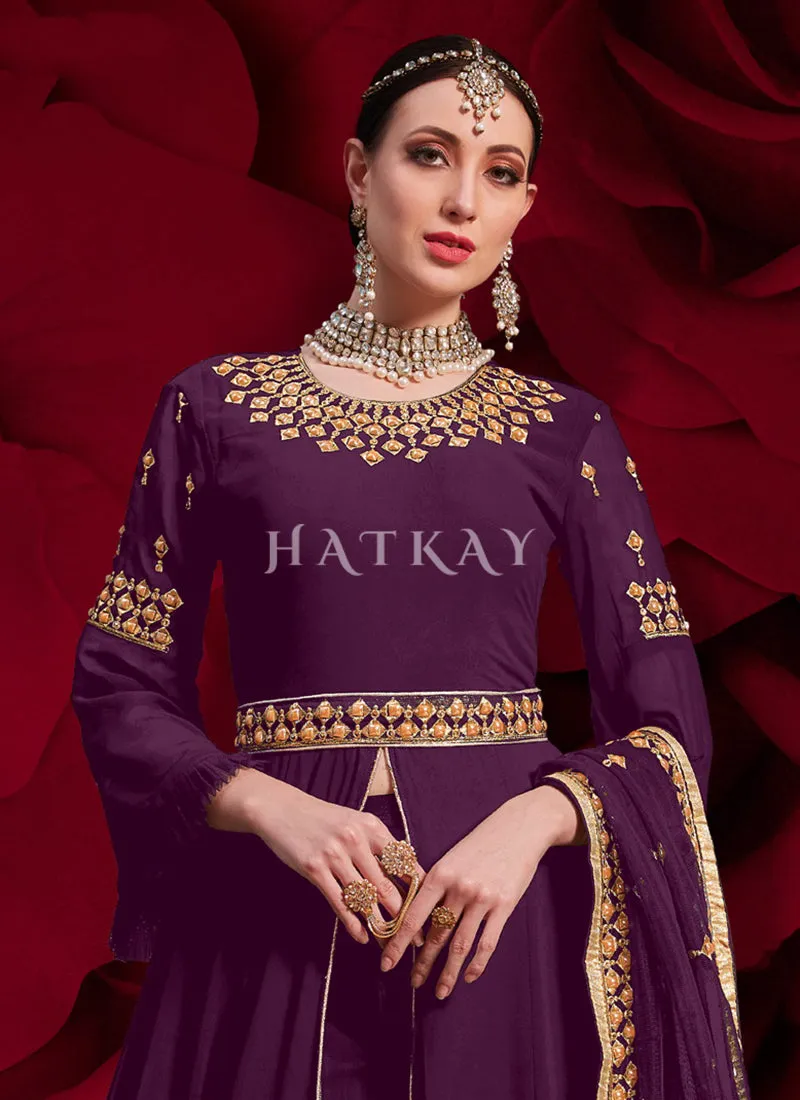 Purple Golden Embroidered Slit Style Anarkali Pant Suit