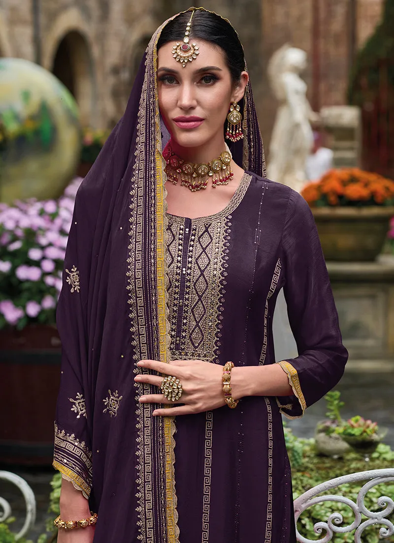 Purple Traditional Embroidery Wedding Palazzo Suit