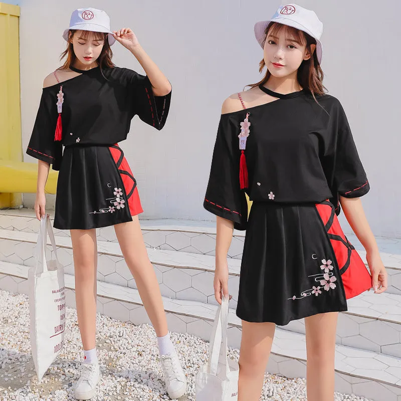 "CHERRY BLOSSOM EMBROIDERED" TOP   PLEATED SKIRT SET K092512