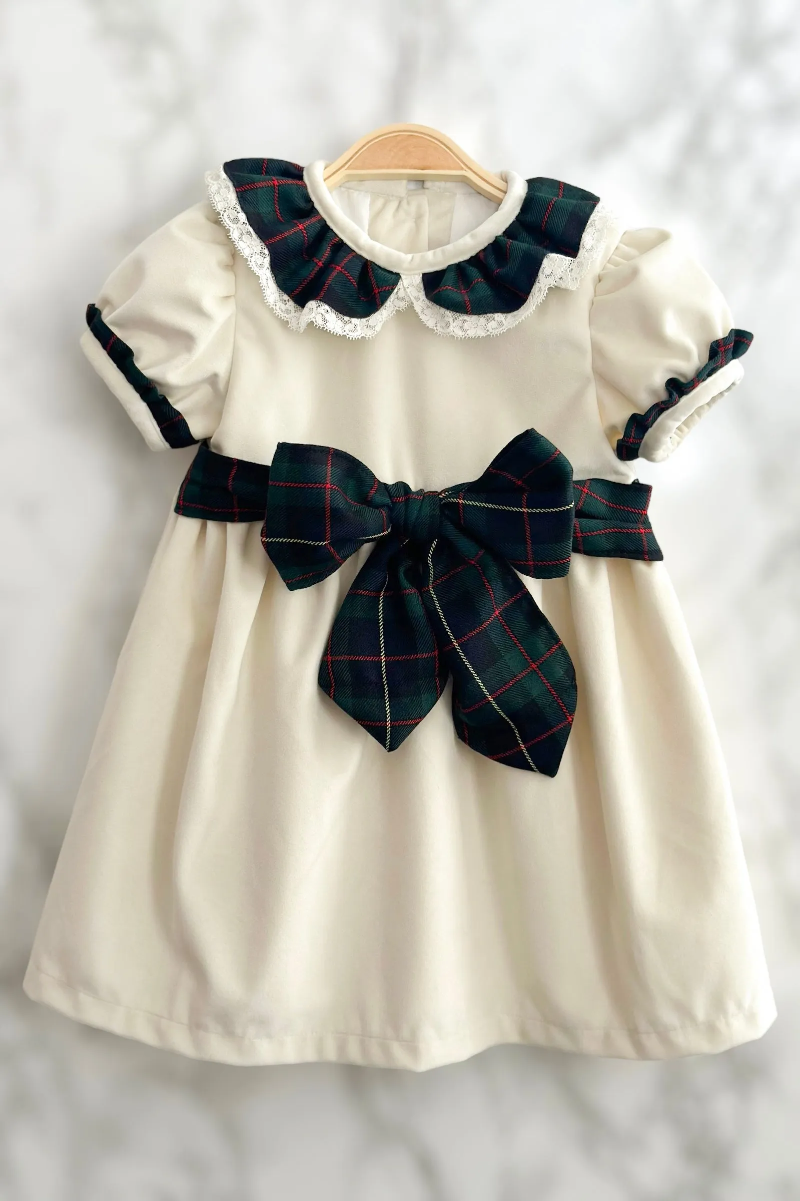 "Genoveva" Cream Velvet Tartan Dress