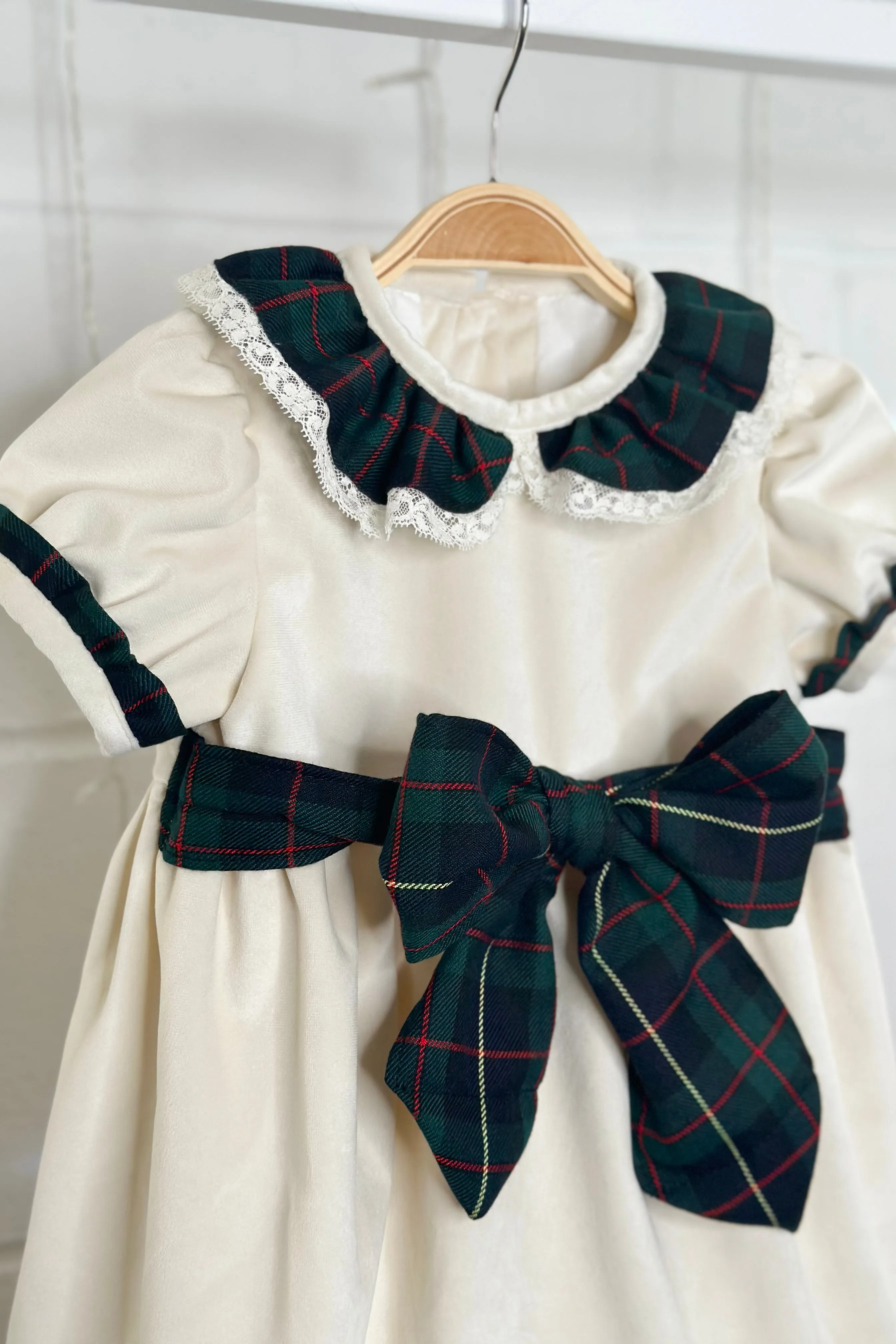 "Genoveva" Cream Velvet Tartan Dress