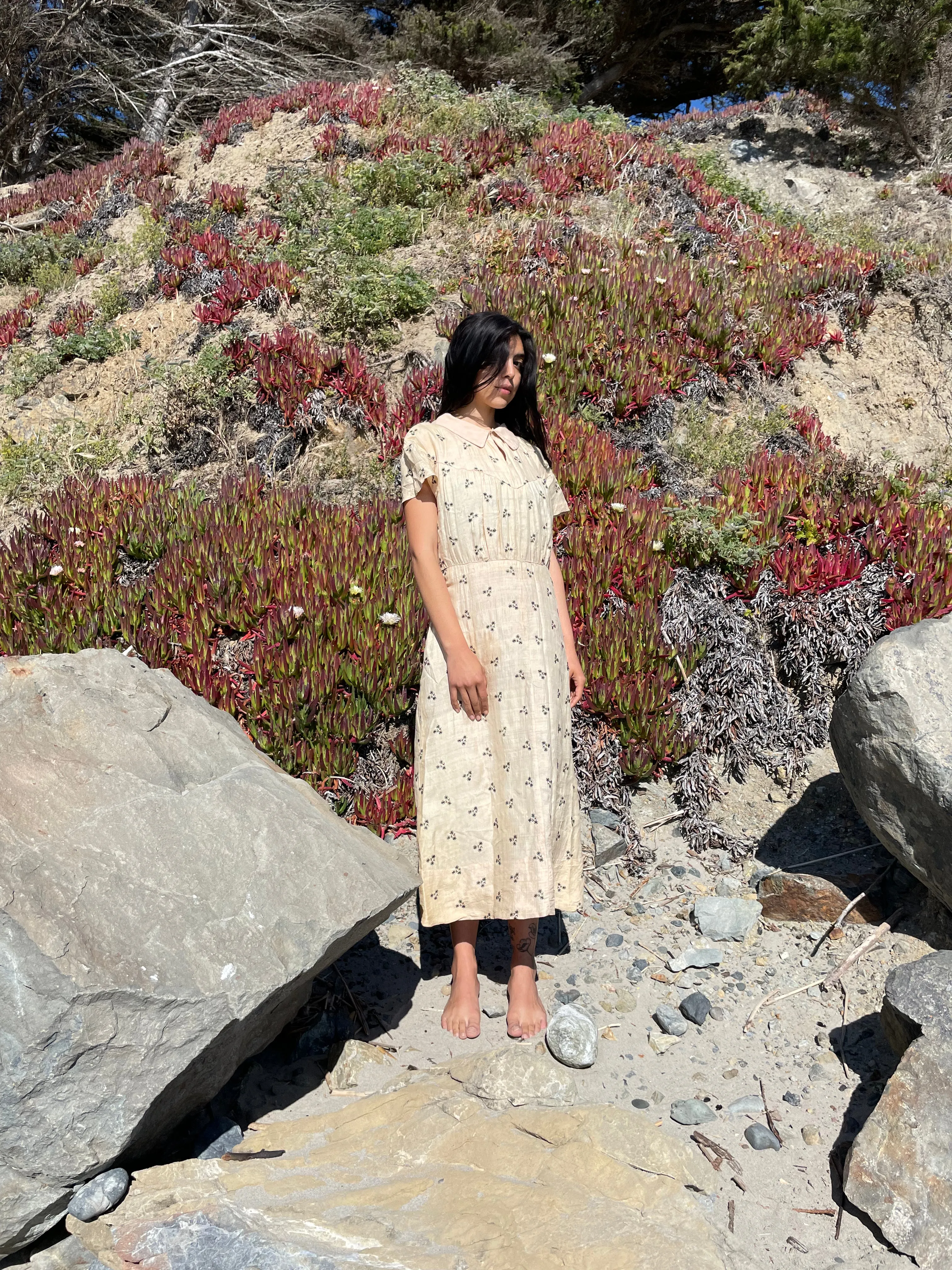 Rare 1930s Embroidered Raw Silk Midi Dress