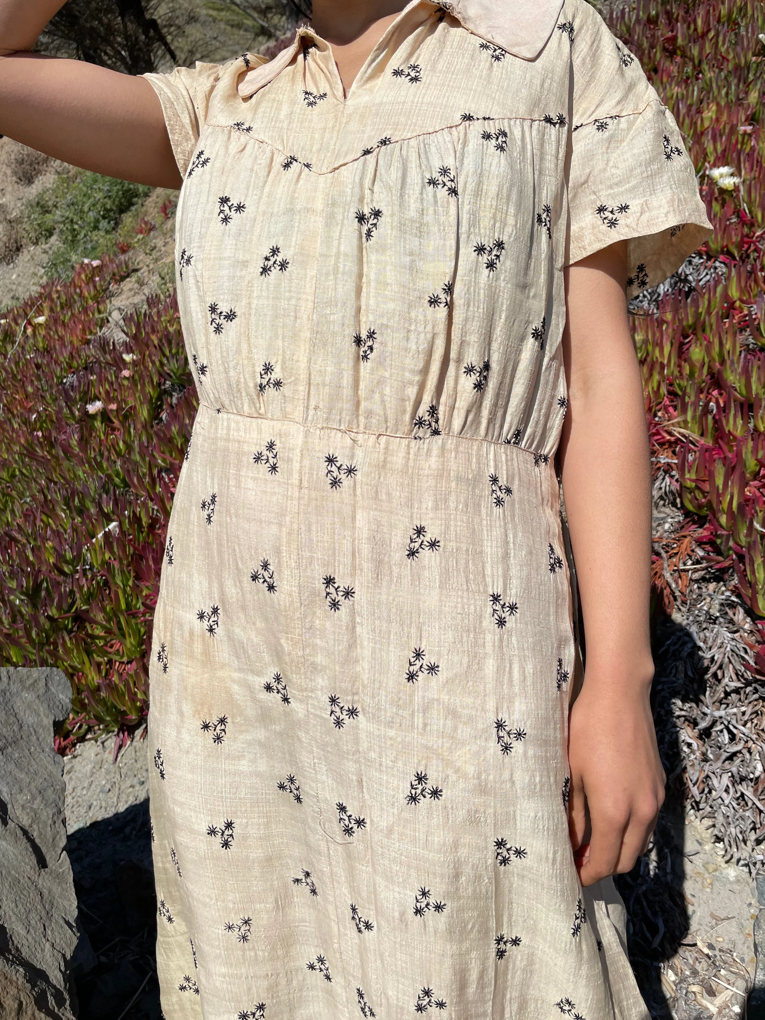 Rare 1930s Embroidered Raw Silk Midi Dress