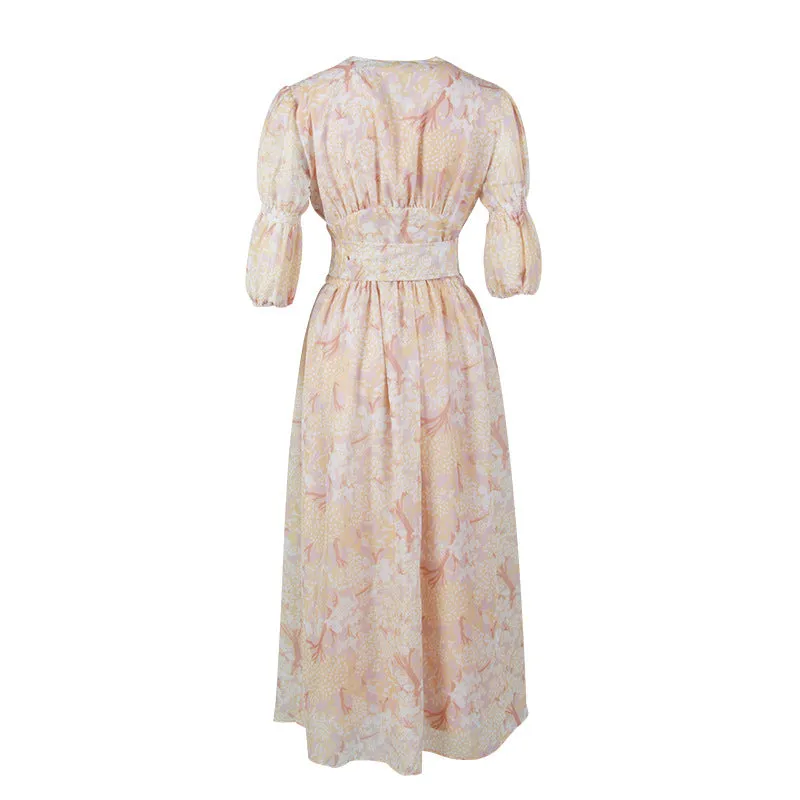 Retro Palace V-neck Single-breasted Floral Printed Party Maxi Dresses