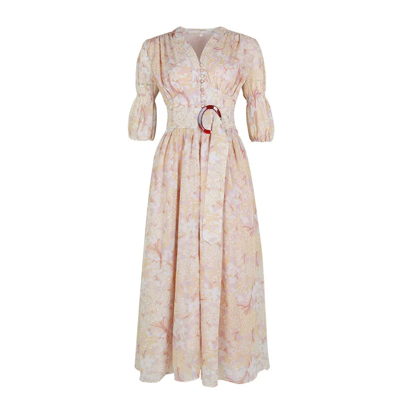 Retro Palace V-neck Single-breasted Floral Printed Party Maxi Dresses