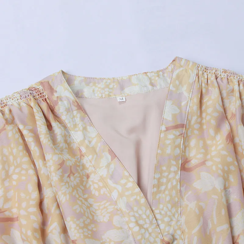 Retro Palace V-neck Single-breasted Floral Printed Party Maxi Dresses
