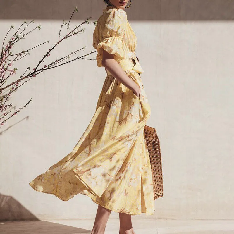 Retro Palace V-neck Single-breasted Floral Printed Party Maxi Dresses