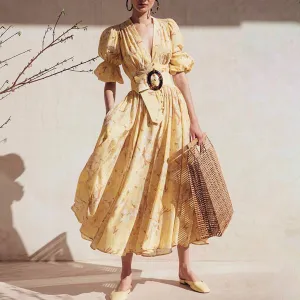 Retro Palace V-neck Single-breasted Floral Printed Party Maxi Dresses