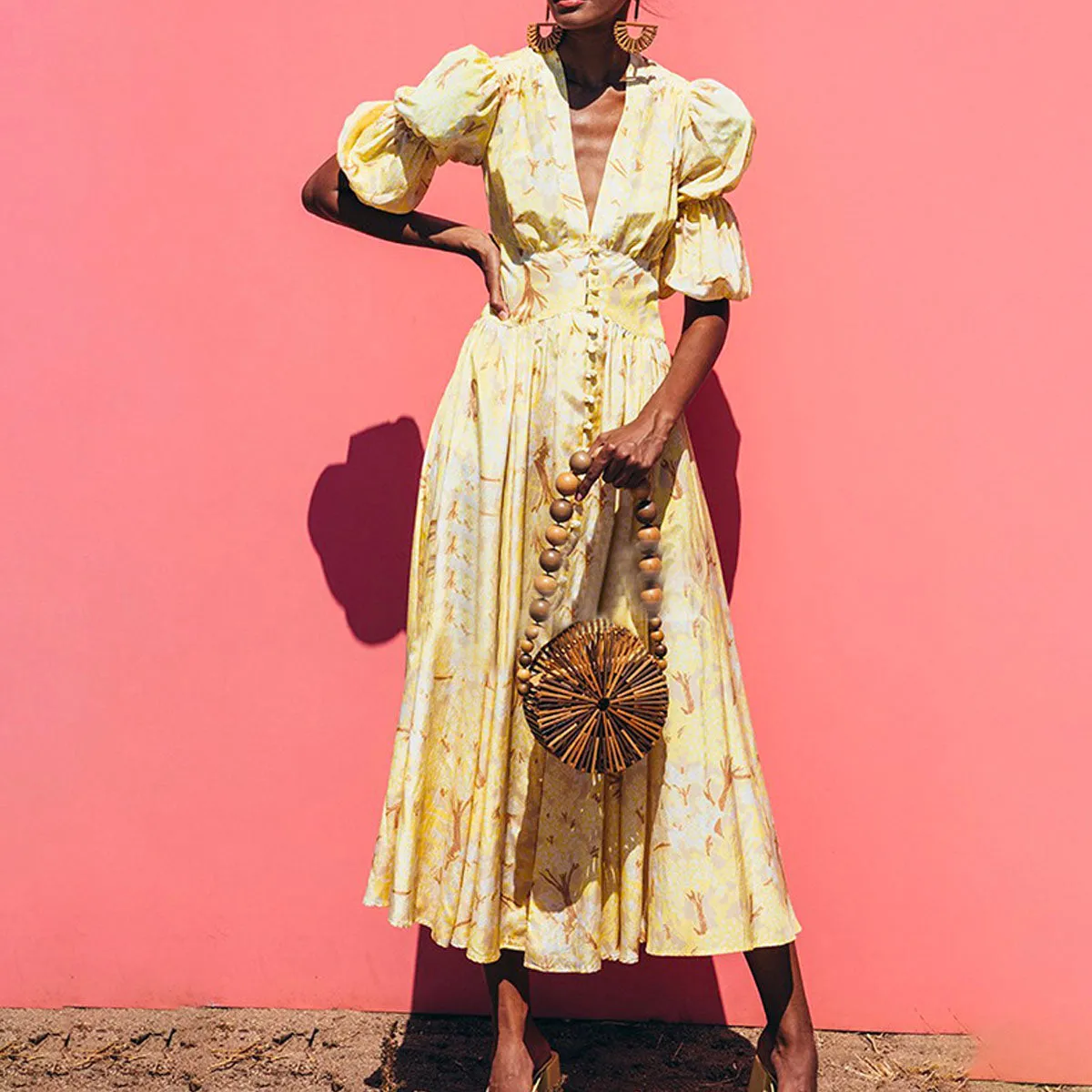 Retro Palace V-neck Single-breasted Floral Printed Party Maxi Dresses